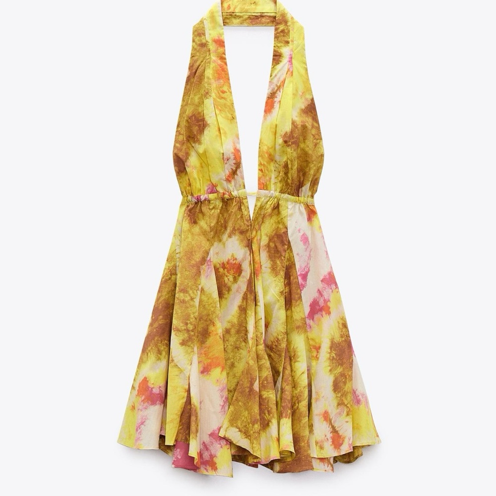 Zara Yellow and Brown Tie-Dye Mini Dress